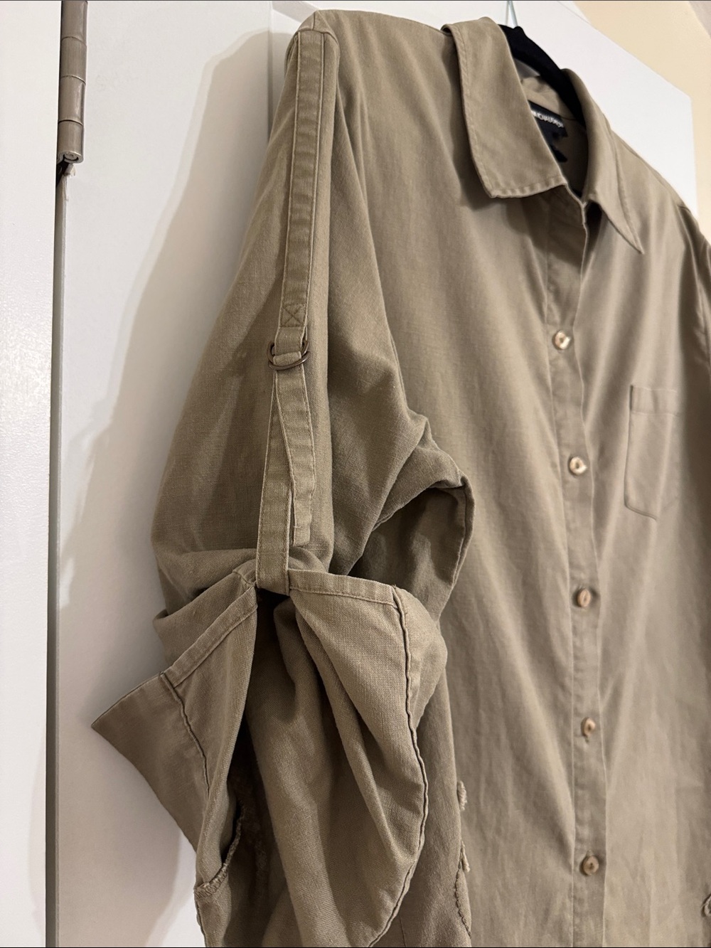 Norton McNaughton Olive Green Button Down Shirt Roll Tab Sleeve Linen Cotton - Picture 7 of 9